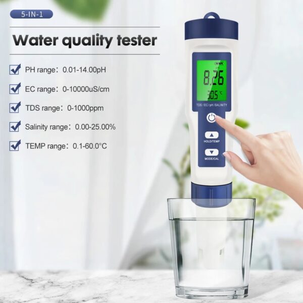 Salinity, tds, ec, ph and temperature meter for testing