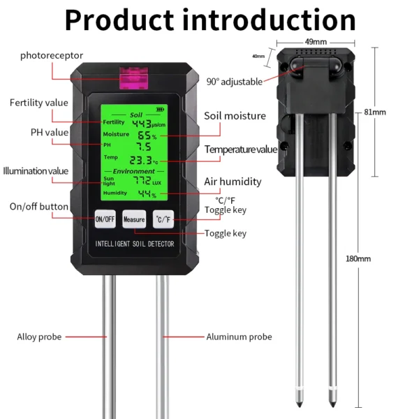 Soil Ph Meter with Temperature, Humidity, Light, Fertility and Air Humidity - Image 3